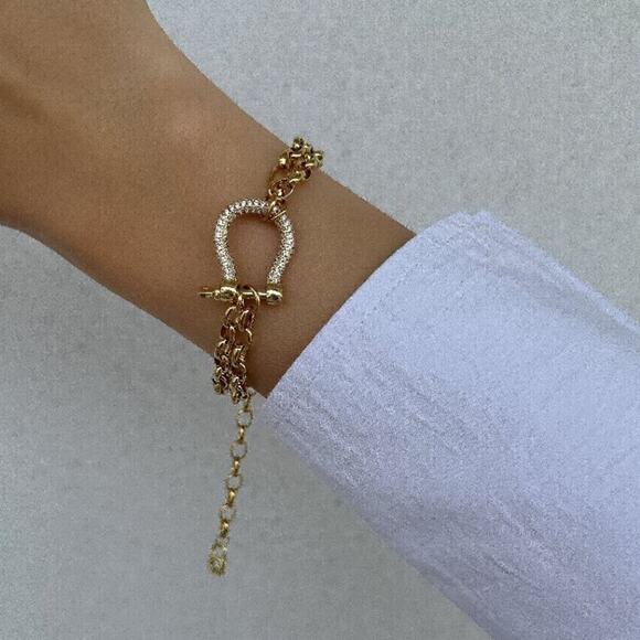 Gold Zircon Horseshoe Chain Link Bracelet Horse Lovers Gift - Picture 3 of 8